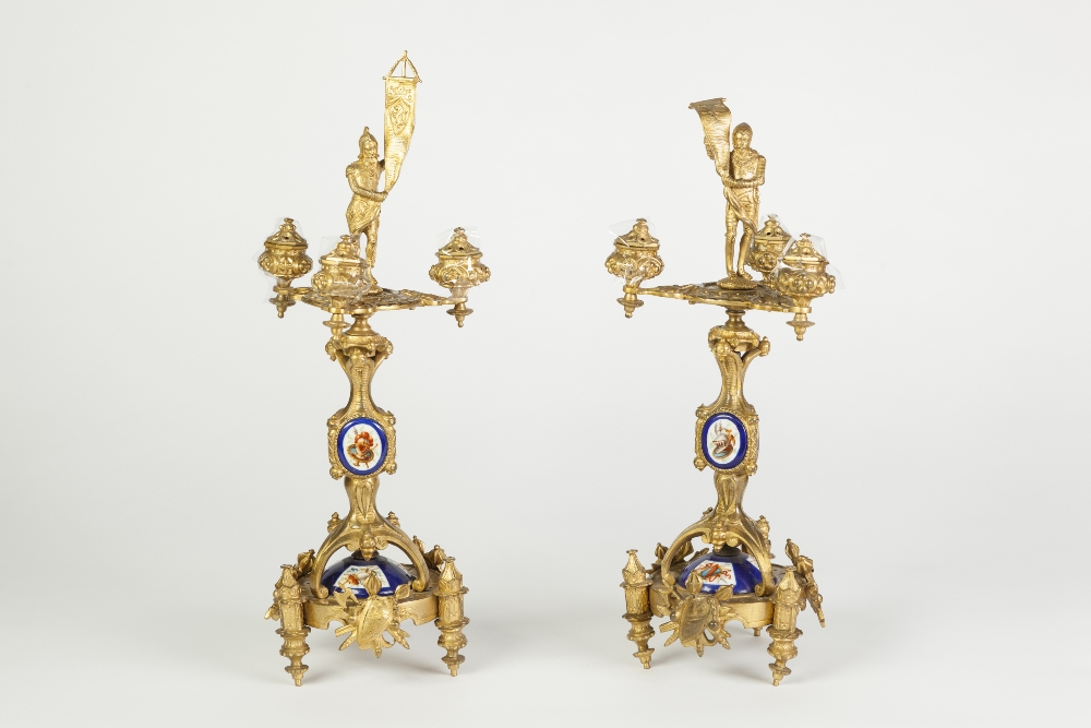 A NINETEENTH CENTURY FRENCH GILDED SPELTER PORCELAIN INSET THREE PIECE CLOCK SET, in the - Image 2 of 2