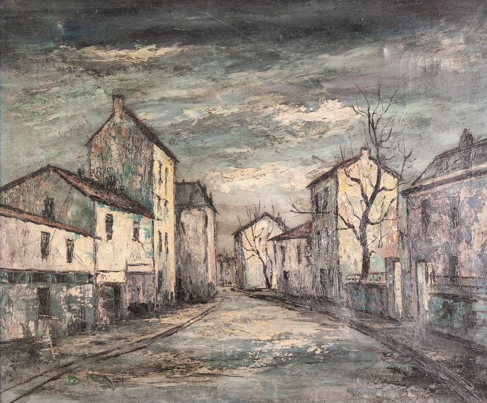 UNATTRIBUTED (TWENTIETH CENTURY) OIL PAINTING ON CANVAS Empty street with white washed buildings,