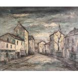 UNATTRIBUTED (TWENTIETH CENTURY) OIL PAINTING ON CANVAS Empty street with white washed buildings,
