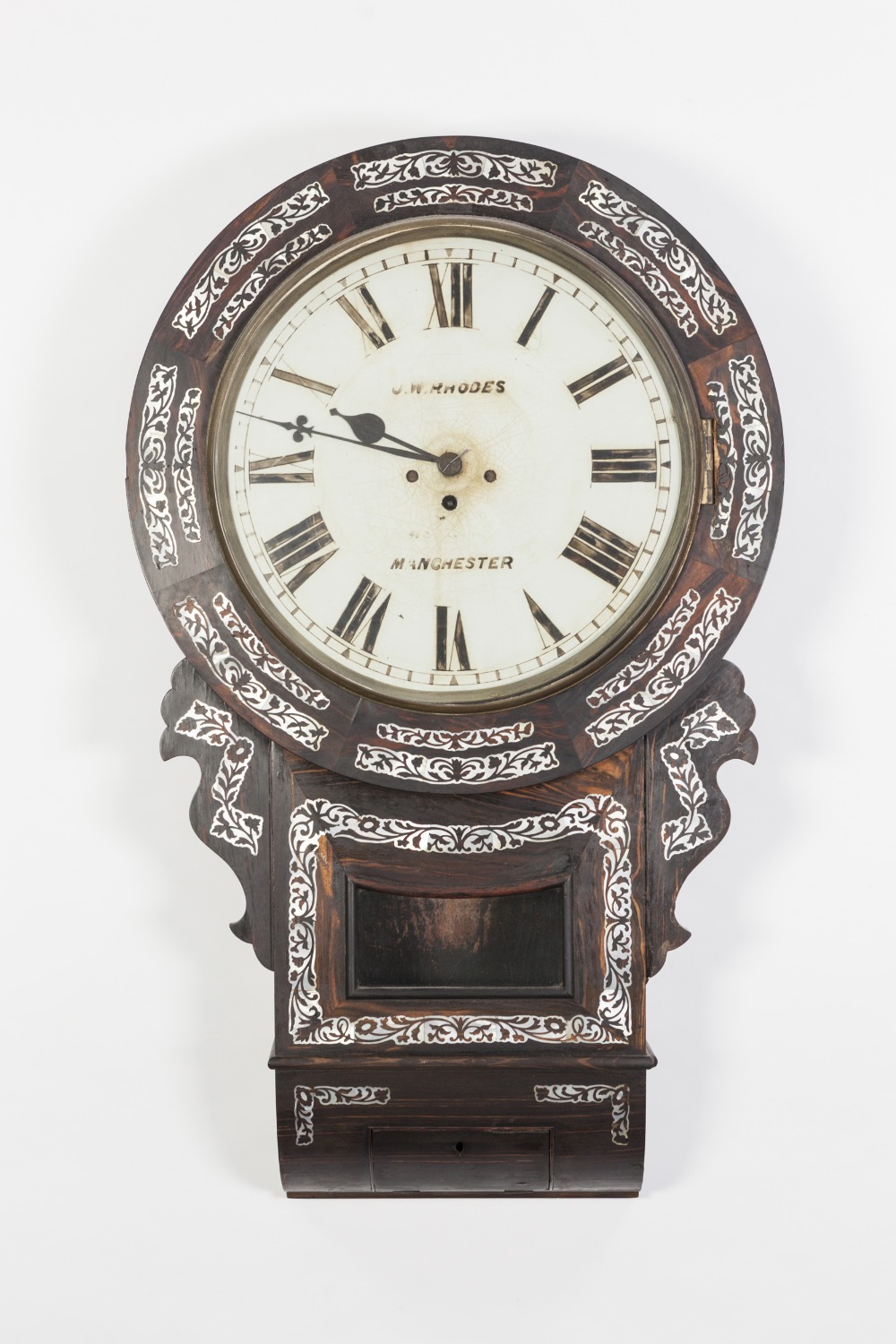 VICTORIAN MOTHER OF PEARL INLAID ROSEWOOD DROP DIAL WALL CLOCK, SIGNED J.W. RHODES, MANCHESTER,