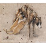 ANGELA MULLINER (Contemporary) WATERCOLOUR 'A greyhound suckling two pups' Signed 7 1/2" x 8 3/4" (