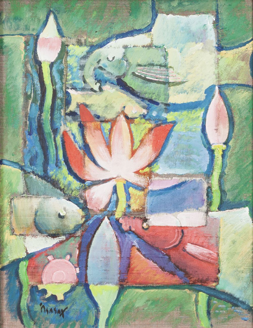 EASTERN SCHOOL (Contemporary) OIL PAINTING WITH COLLAGE An abstract composition with flowers