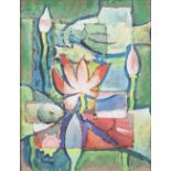 EASTERN SCHOOL (Contemporary) OIL PAINTING WITH COLLAGE An abstract composition with flowers