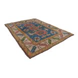 CAUCASIAN KAZAK SMALL CARPET with three pink and blue rectangular pole medallions on a sky blue