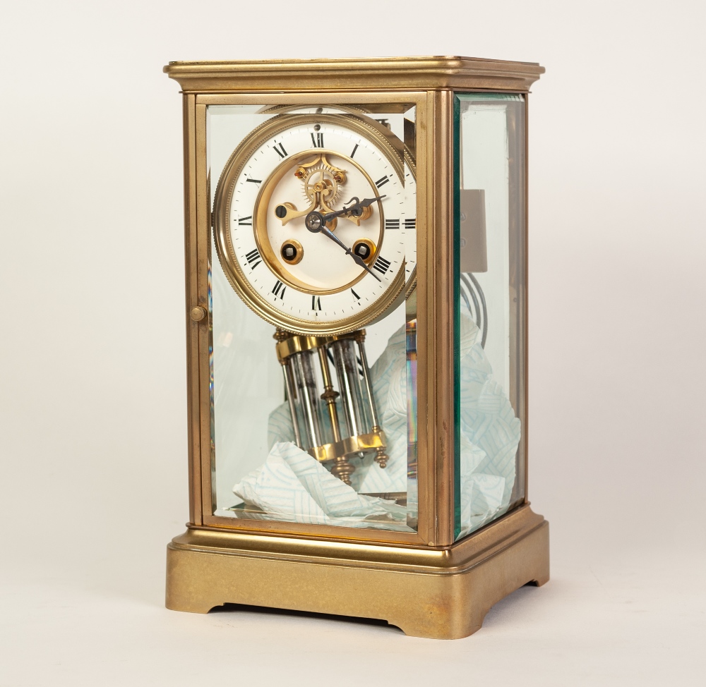 EARLY TWENTIETH CENTURY FRENCH FOUR GLASS BRASS MANTLE CLOCK WITH MERCURY PENDULUM, of typical form,