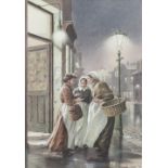 •JOHN SEEREY-LESTER (b. 1945) PASTEL DRAWING Three Edwardian women gathered outside a shop by