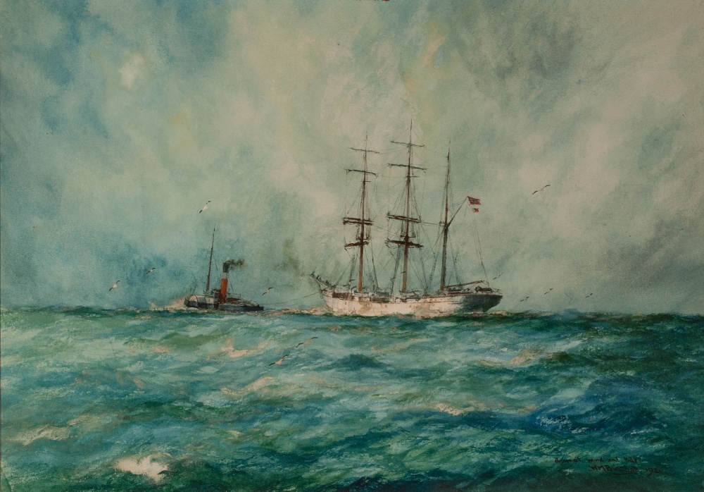 WILLIAM MINSHALL BIRCHALL (1884-1941) WATERCOLOUR DRAWING 'Against Wind and Tide', sailing ship