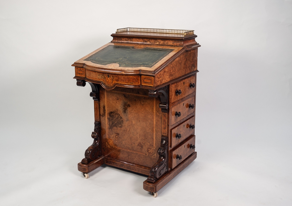 MID VICTORIAN INLAID BURR WALNUT DAVENPORT DESK, the stationary compartment with gilt metal