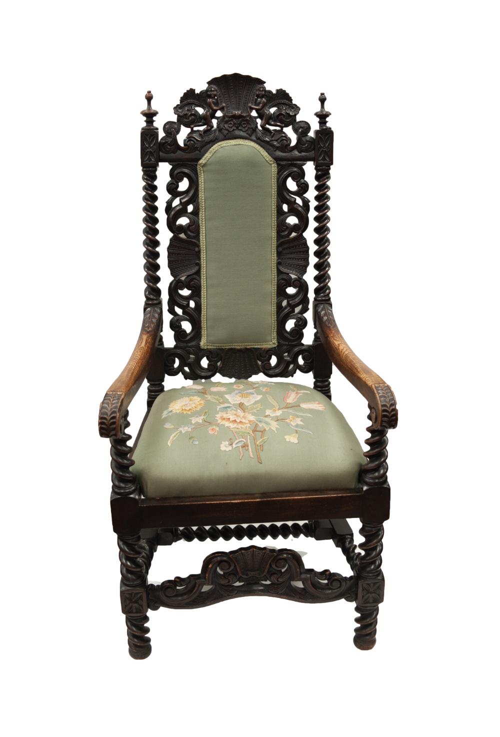 NINETEENTH CENTURY CARVED OAK OPEN ARMCHAIR IN THE SEVENTEENTH CENTURY STYLE, the padded back