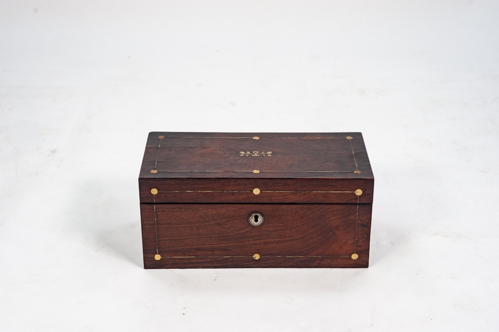 REGENCY ROSEWOOD AND MOTHER OF PEARL INLAID TEA CADDY, of oblong form, inlaid with dot and - Image 2 of 2