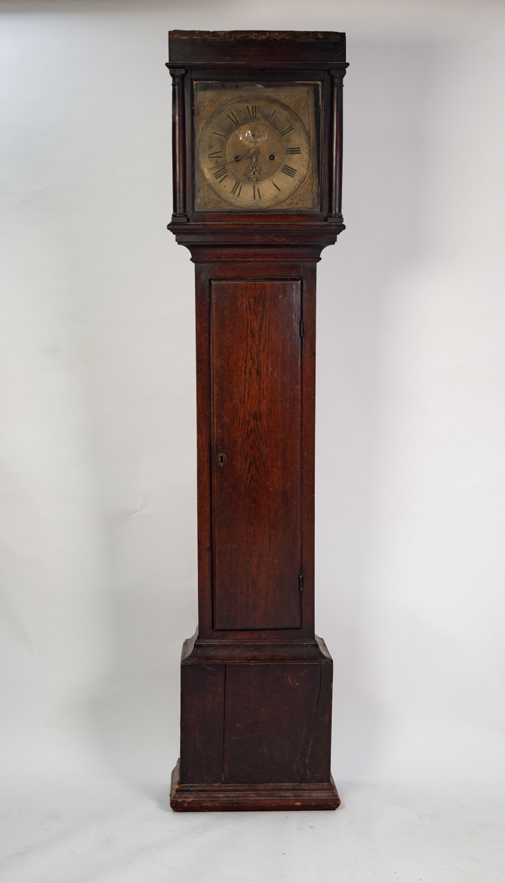 LATE EIGHTEENTH CENTURY OAK LONGCASE CLOCK SIGNED J. MANNINGS, ENFORD, the 12" brass dial with