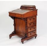 VICTORIAN FIGURED WALNUT DAVENPORT DESK, the bombe shaped, raised stationary compartment with