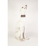 MODERN ITALIAN WHITE TIN GLAZED POTTERY MODEL OF A SEATED FEMALE GREYHOUND WITH LEATHER COLLAR,