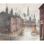 •BOB RICHARDSON (b. 1938) PASTEL DRAWING Lancashire street scene with terraced houses on a rainy day