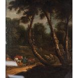 ENGLISH SCHOOL (18th CENTURY) OIL PAINTING ON CANVAS LAID DOWN ON PANEL A wooded landscape with a