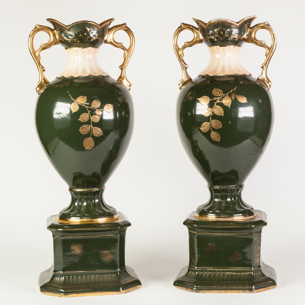 IMPRESSIVE PAIR OF VICTORIAN POTTERY LARGE TWO HANDLED PEDESTAL VASES, each of ovoid form with - Image 2 of 2