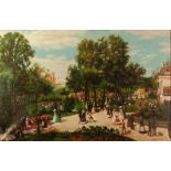 SEBASTIAN (TWENTIETH CENTURY) OIL PAINTING ON CANVAS Edwardian figures in a park Signed 23 ½" x