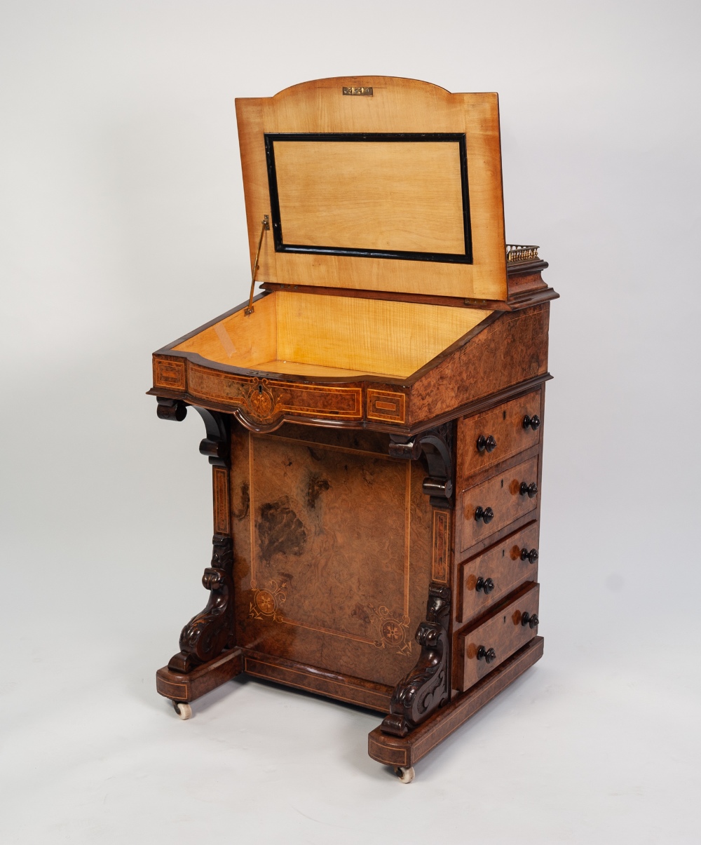 MID VICTORIAN INLAID BURR WALNUT DAVENPORT DESK, the stationary compartment with gilt metal - Image 3 of 3