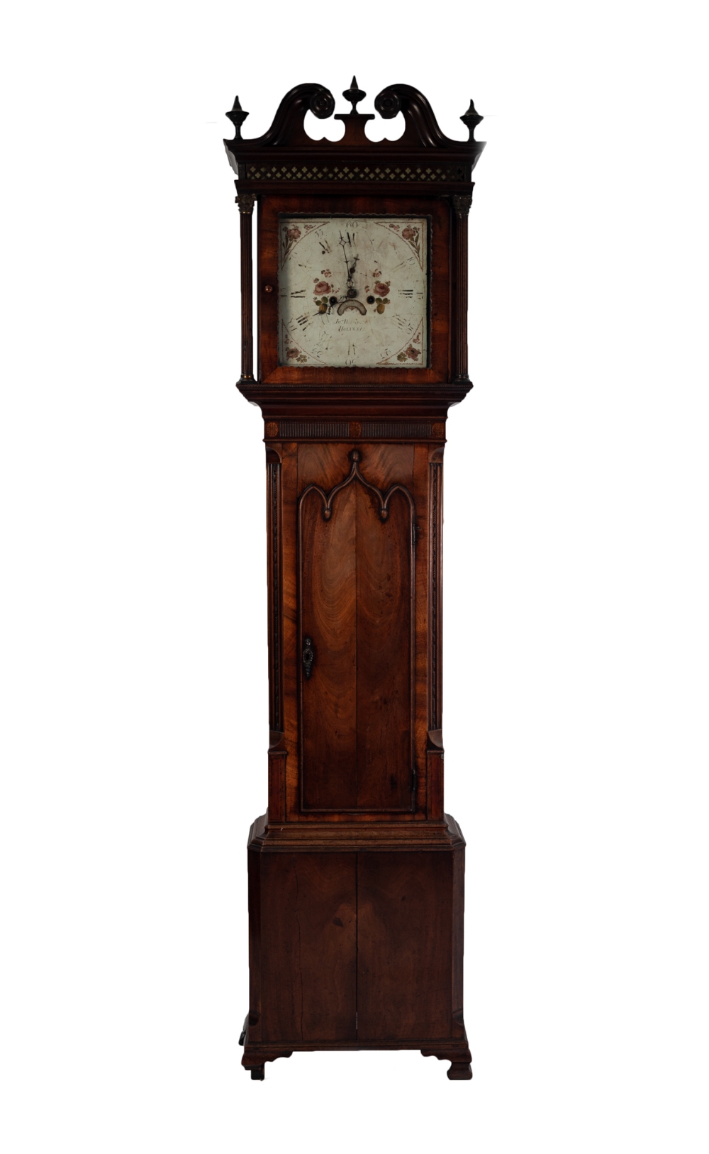 EARLY NINETEENTH CENTURY MAHOGANY LONG CASE CLOCK SIGNED JNo WINSTANLEY, HOLYWELL, the 13" painted