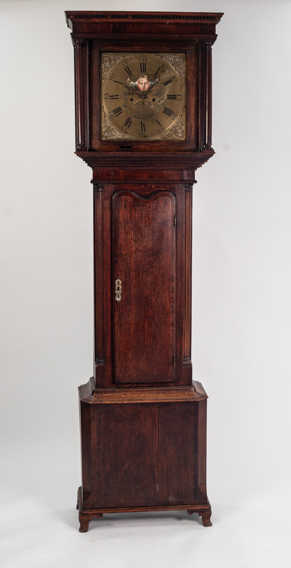 LATE EIGHTEENTH CENTURY OAK AND MAHOGANY CROSSBANDED LONGCASE CLOCK WITH HALIFAX ROLLING MOON PHASE,