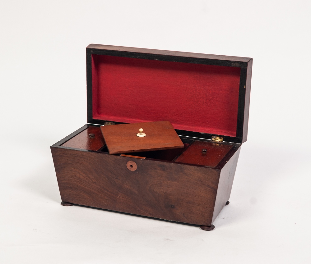 VICTORIAN FIGURED MAHOGANY TEA CADDY, of sarcophagus form, the interior fitted with twin lidded - Image 2 of 2