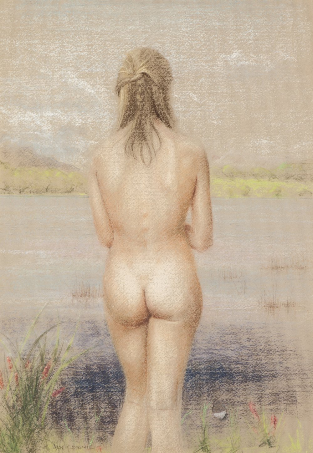 ALLAN REES COWNIE (1927) PASTEL DRAWING ON INGRES PAPER 'Nude Looking at Lake' Signed lower left