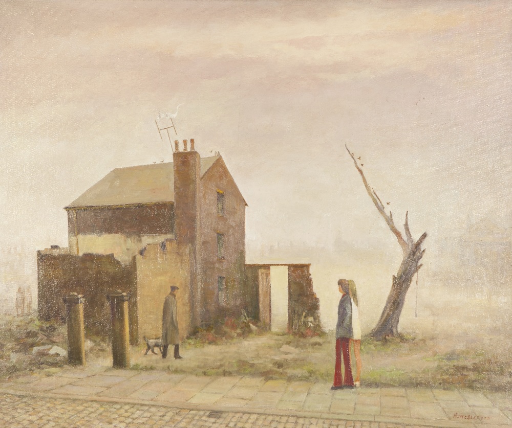 HARRY KINGSLEY (1914 - 1998) OIL PAINTING ON BOARD Derelict house with couple and man walking a dog,