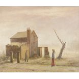 HARRY KINGSLEY (1914 - 1998) OIL PAINTING ON BOARD Derelict house with couple and man walking a dog,