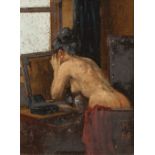 JIM ANDREW OIL PAINTING ON PANEL 'Half Hour Call', nude female figure in dressing room Monogrammed