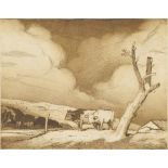 ADOLPHE VALETTE (1876-1942) ORIGINAL ETCHING Two cows by a shattered tree 8 3/4" x 11 1/4" (22.5cm x