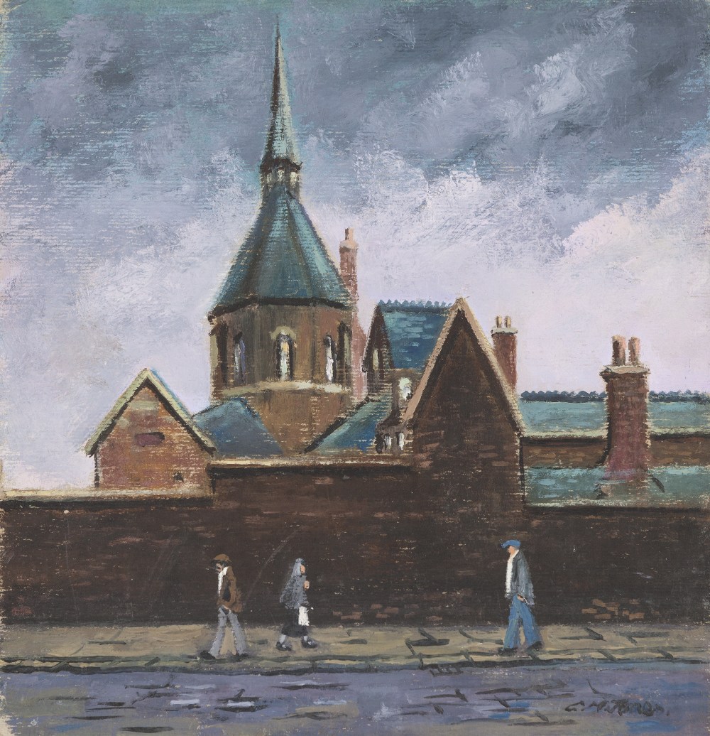 CHARLES M. JONES (1923-2008) OIL PAINTING ON BOARD 'St. Mary's' Church and figures Signed lower