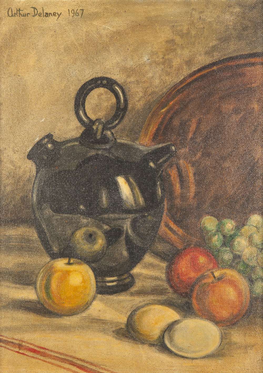 •ARTHUR DELANEY (1927-1987) OIL PAINTING ON BOARD Still life - fruit, copper tray and pot Signed and