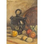 •ARTHUR DELANEY (1927-1987) OIL PAINTING ON BOARD Still life - fruit, copper tray and pot Signed and