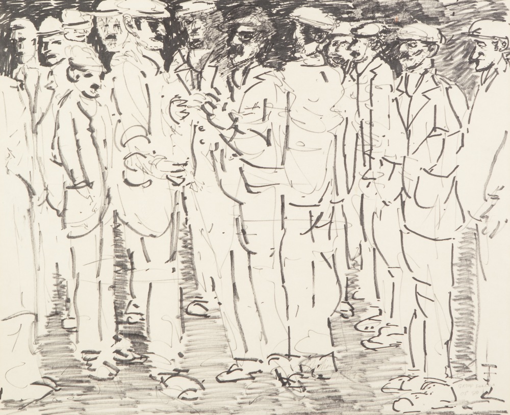 •JOHN THOMPSON (1924 - 2011) PENCIL AND BLACK FELT TIP PEN 'Group Series', group of fourteen men