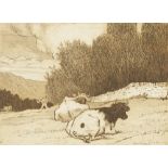 ADOLPHE VALETTE (186-1942) ORIGINAL ETCHING Two cow seated, farm labourer walking in the