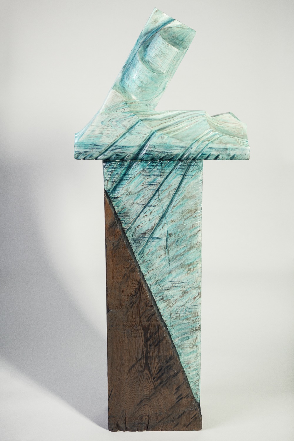 GLENYS LATHAM RECLAIMED PITCH PINE SCULPTURE WITH ACRYLIC PAINT 'Nanortalik Ice Mountain' Signed