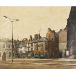 •ARTHUR DELANEY (1927-1987) OIL PAINTING ON CANVAS Northern street scene with church and public