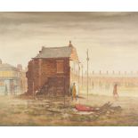 HARRY KINGSLEY (1914 - 1998) OIL PAINTING ON BOARD Derelict house with street beyond, entitled to