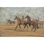 ELIZABETH HESP (Bury) OIL PAINTING ON BOARD 'Down to the Sea', three grooms each riding a horse