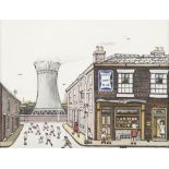 TERRY ALLEN (b.1943) OIL ON CANVAS Street scene with cooling tower and corner shop, children playing