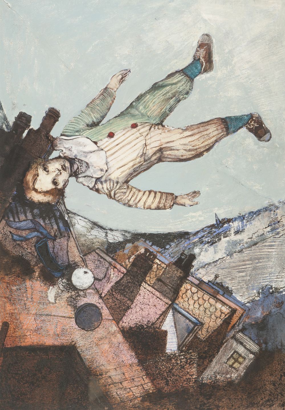BOHUSLAV BARLOW (b.1947) MIXED MEDIA ON PAPER 'Rooftop Flyer' Signed and dated (19)8?, titled to