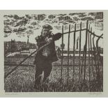 ROGER HAMPSON (1925 - 1996) LINOCUT ON GREY PAPER 'Retired Millworker' Signed, titled and numbered