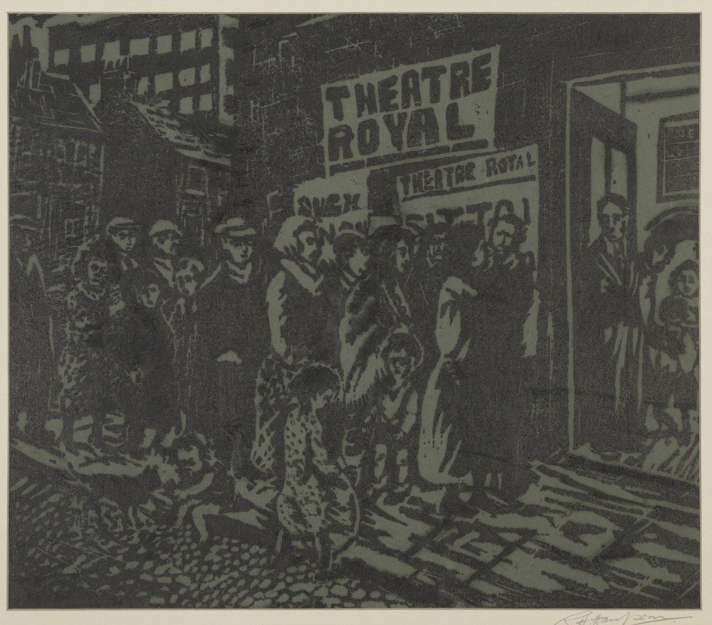 ROGER HAMPSON (1925 - 1996) LINOCUT ON GREY PAPER People queueing outside the 'Theatre Royal',