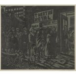 ROGER HAMPSON (1925 - 1996) LINOCUT ON GREY PAPER People queueing outside the 'Theatre Royal',