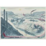 •HELEN CLAPCOTT OIL PAINTING WITH PENCIL 'East 2012', panoramic urban landscape labelled verso 8 1/