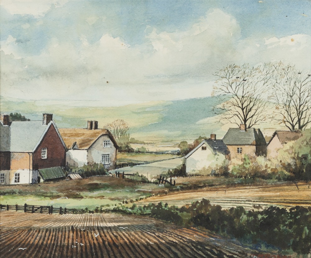 TOM BROWN (1933) WATERCOLOUR DRAWING Rural landscape with ploughed fields and farm houses in the