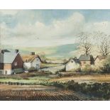 TOM BROWN (1933) WATERCOLOUR DRAWING Rural landscape with ploughed fields and farm houses in the