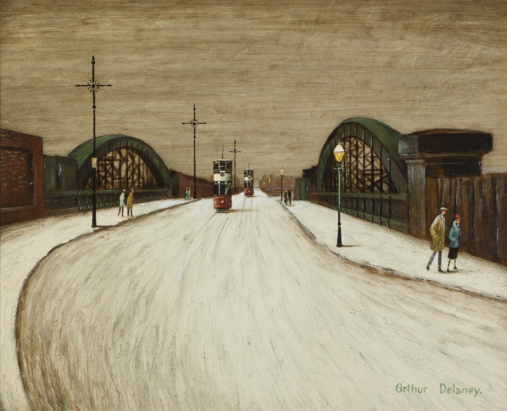 •ARTHUR DELANEY (1927-1987) OIL PAINTING Trafford Bridge, Manchester Signed 12 ½" x 15 ½" (31.8cm