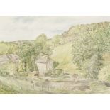 •DAVID GLUCK (1939-2007) WATERCOLOUR DRAWING 'Overlooking Mellor Church' Signed, dated 1984 and