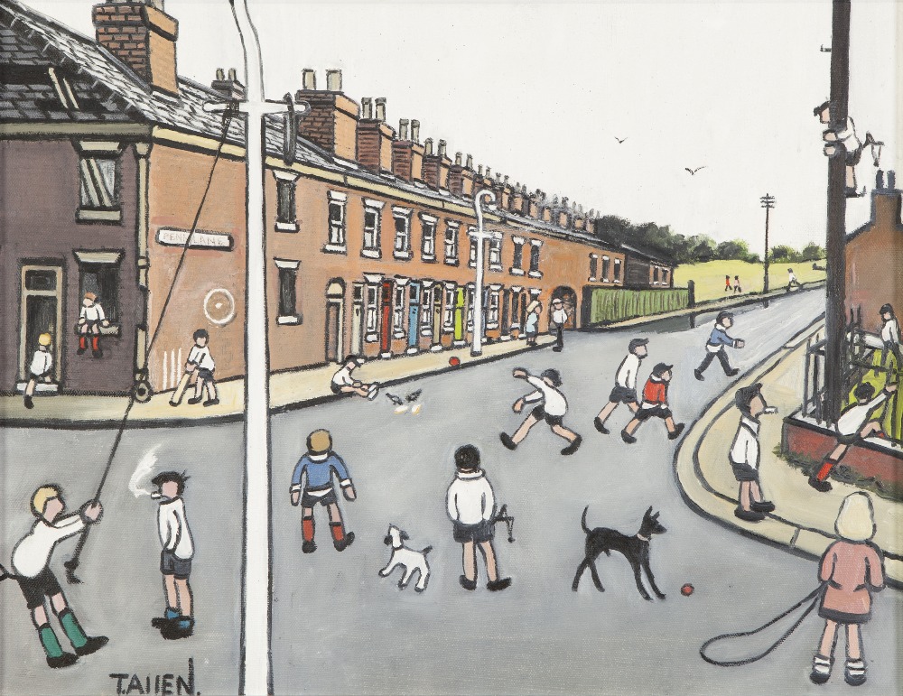 TERRY ALLEN (b.1943) OIL ON CANVAS Street scene with children playing, Penny Lane Signed 34" x